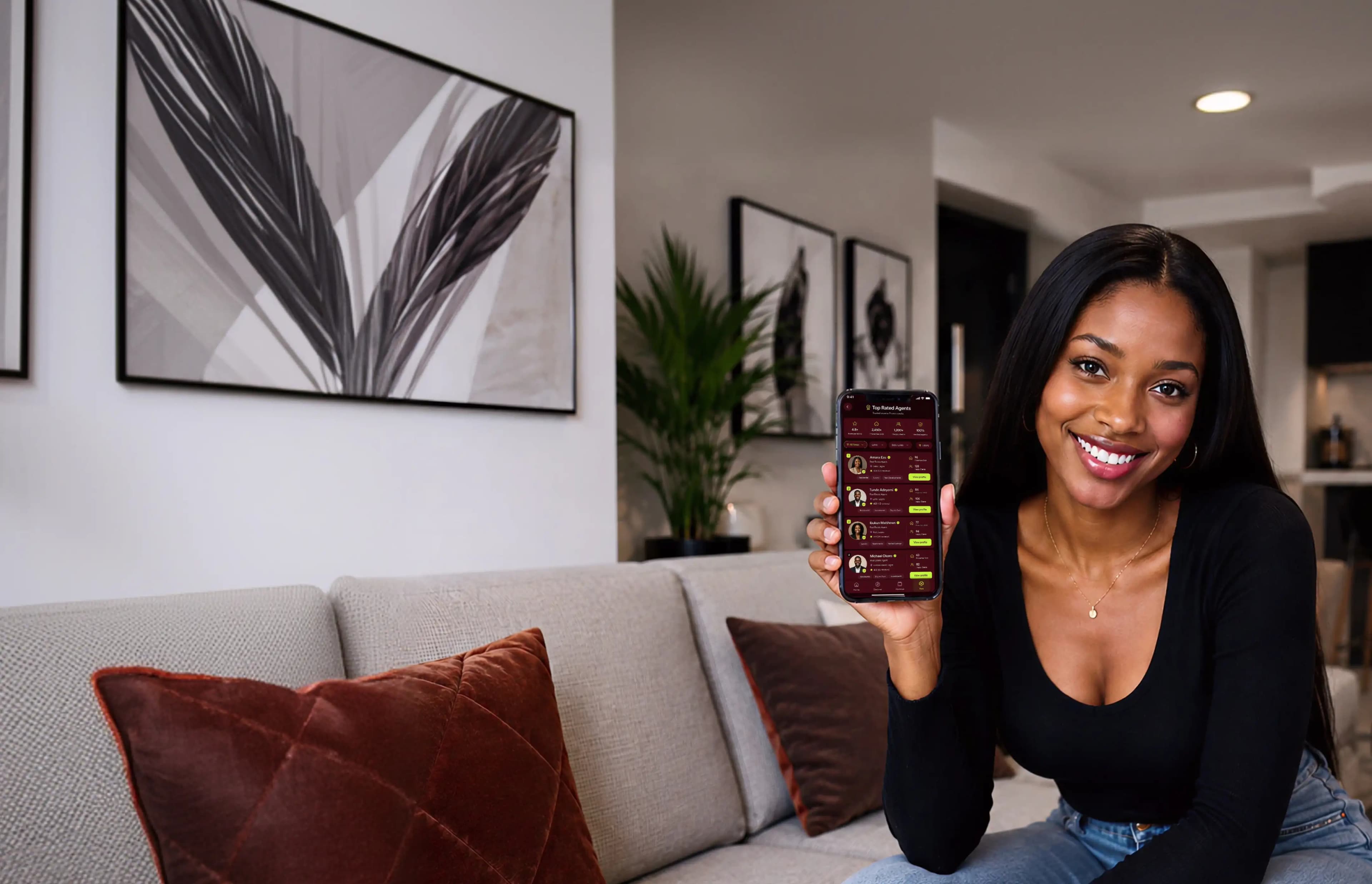 Woman showing Vera app on phone