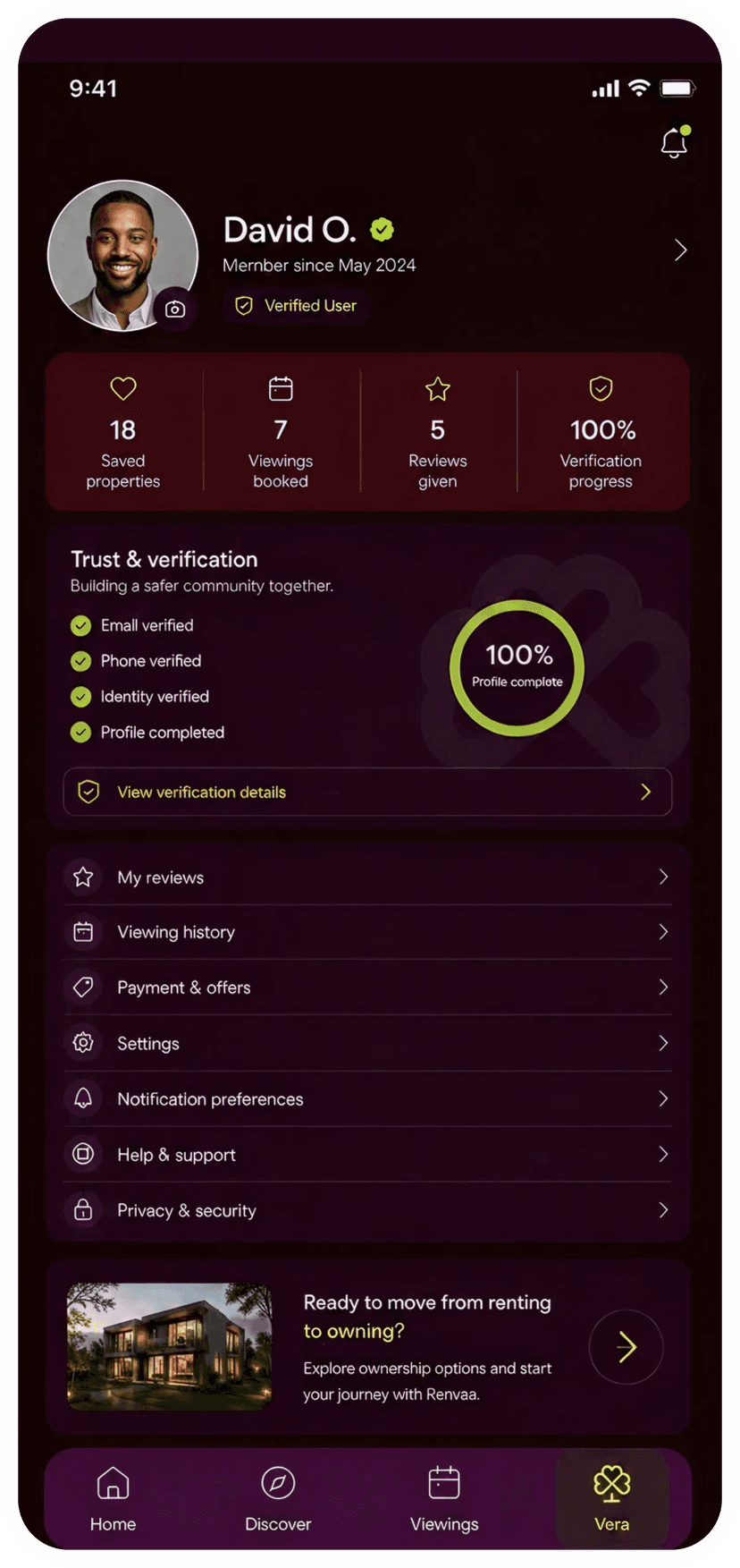 Vera agent profile showing David O. with verification badges
